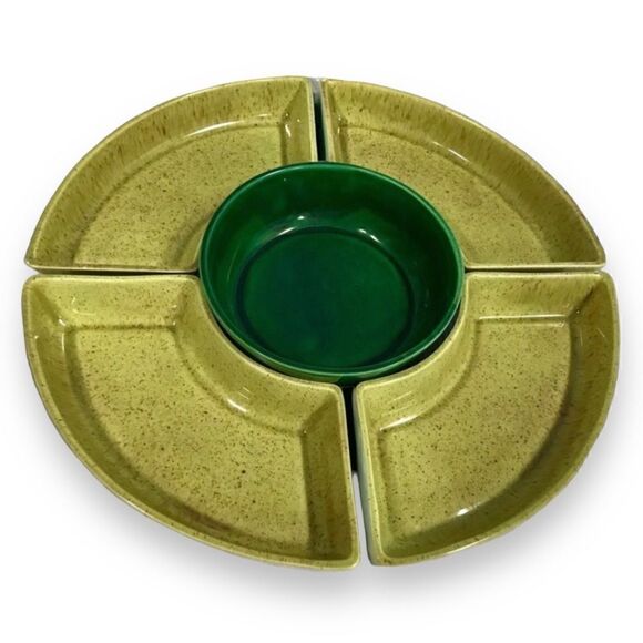 Speckled Avocado Emerald Green Glazed Ceramic Round Section Dish Serveware  Set - Picture 4 of 15